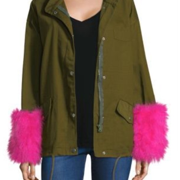 Pello Bello army green pink feather cuff jacket Medium - Picture 1 of 4